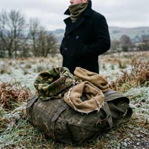 Assortment of military-grade wool scarves and tube neck snoods resting on an olive drab pack in a frost-covered outdoor field.