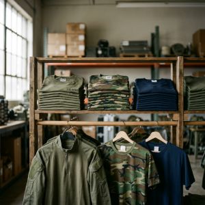 Shelves holding neatly folded stacks of military-issue cotton t-shirts and combat shirts, with hanging tops below.