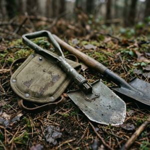 Vintage folding entrenching shovels and their heavy-duty canvas carrying covers resting on a forest floor.