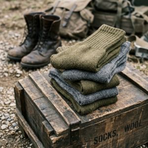 Stacks of heavy-duty military-issue wool and cotton-blend socks resting on a vintage wooden gear crate.