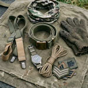 Assortment of essential military surplus accessories including a webbing belt, field watch, gloves, paracord, and rank insignia.