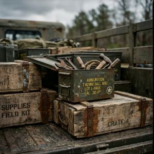 Assorted vintage ammunition tins and wooden supply crates filled with metal field tools on the back of a utility truck.