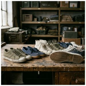 Collection of original military training shoes and canvas patrol sneakers arranged on a workbench in a storage room.