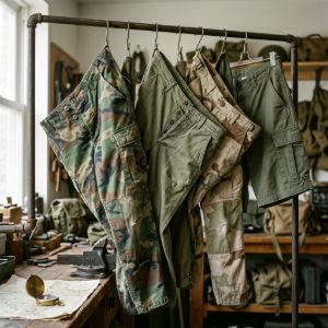 Rack of vintage military cargo trousers, field pants, and combat shorts, featuring distinct pocket layouts and durable stitching.
