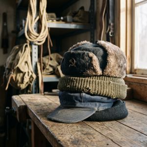 Stacked Soviet-era rabbit fur ushanka hats and wool watch caps displayed on a rustic wooden workshop table.