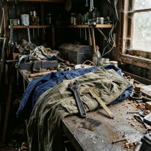 Vintage military surplus trousers resting on a cluttered workshop workbench alongside heavy-duty tools like a wrench and calipers.