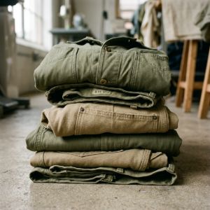 Pile of military surplus jackets in a workshop setting