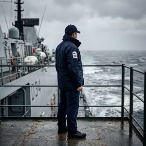 Naval personnel in official uniform standing on the deck of a navy ship, overlooking the sea with a view of the vessel railings.