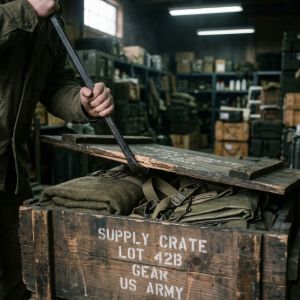 A person using a crowbar to open a wooden US Army supply crate, revealing vintage military surplus and functional gear.