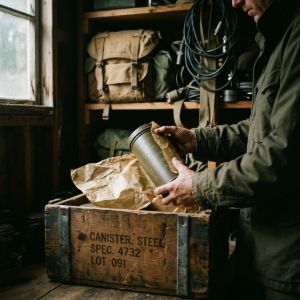 Collector unpacking a rare military steel canister from a wooden crate surrounded by vintage gear in a workshop.