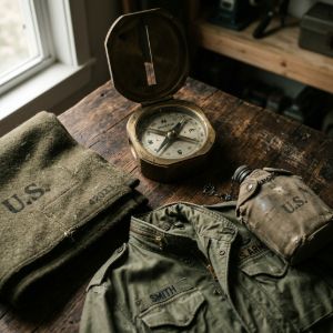 Curated staff picks of vintage military gear featuring a classic compass, U.S. Army field jacket, and canteen.