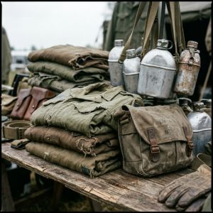 A wooden table displaying the final stock of surplus field gear, including folded olive drab uniforms and weathered metal canteens.