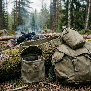 Genuine military surplus webbing, field canteens, and belt systems arranged in a natural woodland camping setting.