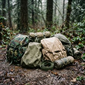 Durable military-issue rucksack covers designed for rain and mud protection, displayed outdoors in a wooded environment.