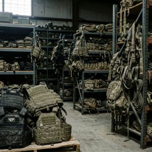 Rows of shelving in a surplus store filled with various tactical vests, plate carriers, and nylon gear for security training.