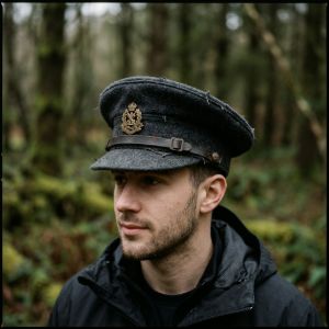 Model wearing a charcoal wool British military peaked cap with a brass badge, styled with a matte black technical jacket.