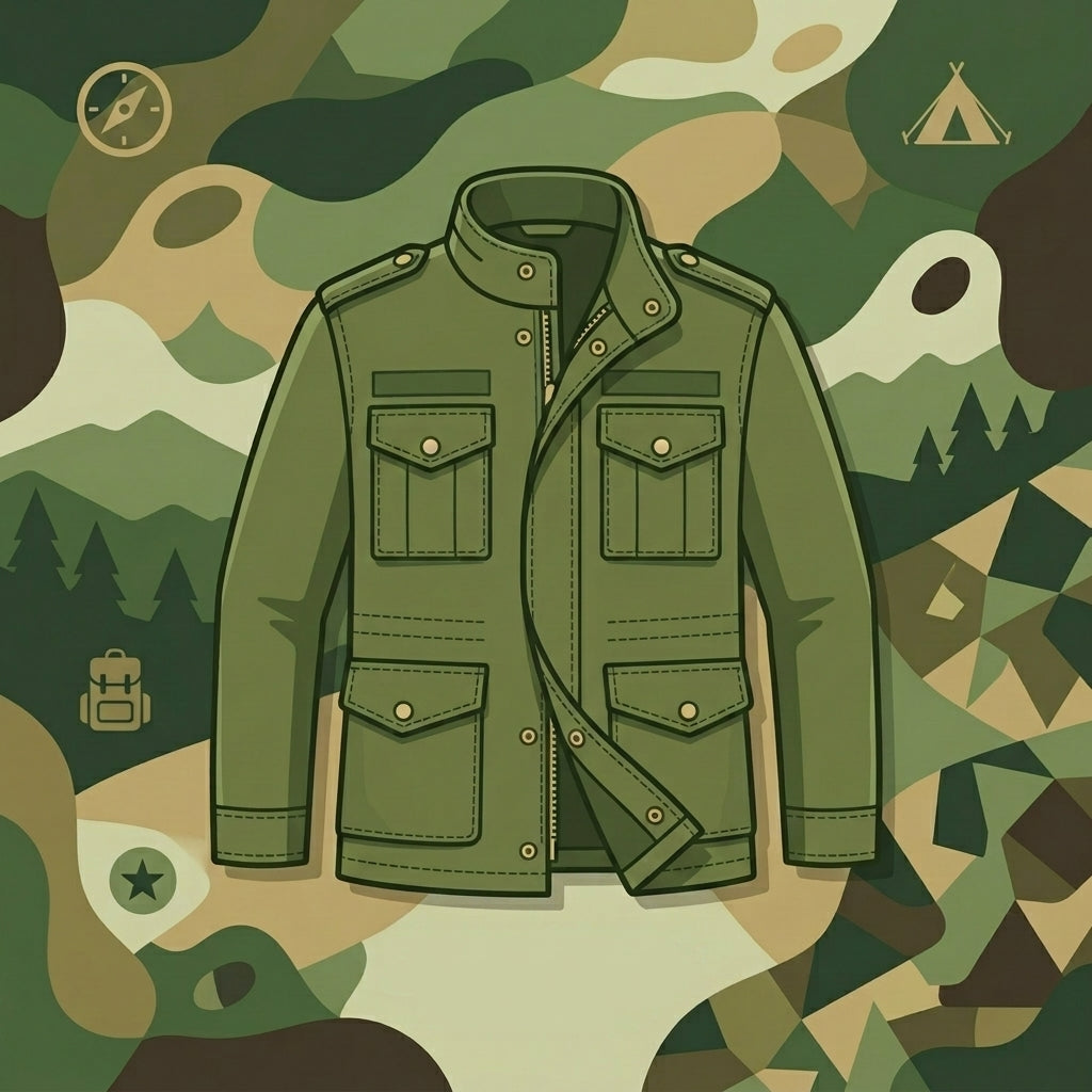 Graphic illustration of an olive green military field jacket over a camouflage background, representing our Supergrade unissued surplus.