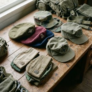 Selection of authentic military uniform headwear including olive and camouflage field caps, berets, and garrison covers.