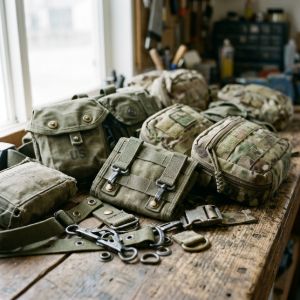 Assortment of military-issue utility pouches and modular webbing gear with ALICE clips and MOLLE attachments on a workbench.