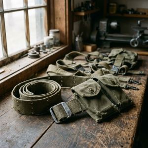 Collection of durable military webbing, canvas carrying straps, and utility belts displayed on a workshop table.