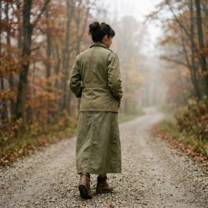 A person wearing a classic olive green military-issue field jacket and skirt walking down a rustic forest path.