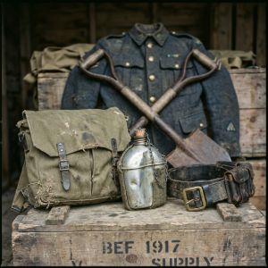Vintage WWI field equipment including a wool tunic, canteen, and shovel set, suitable for military history collectors.