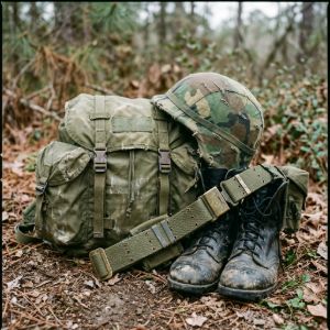 Late Cold War era combat kit including a camouflage helmet, ALICE webbing, and tactical boots on a forest floor.