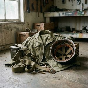 Post-WWII transitional era military surplus, featuring field jackets and canvas gear from the late 1940s.