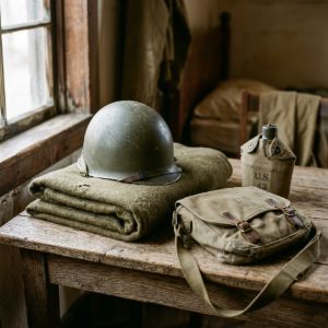 Authentic WWII era military equipment featuring an M1 helmet, wool blanket, and canvas canteen on a wooden table.