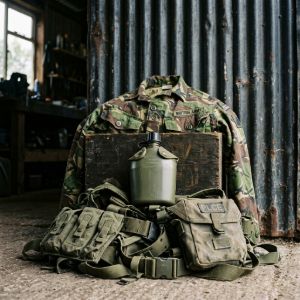 Post-Cold War tactical gear from the 1990s, featuring camouflage uniform pieces and synthetic military webbing.