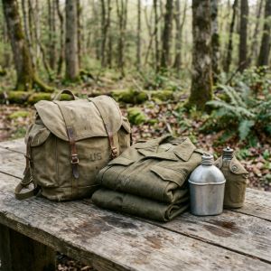 Early Cold War era military surplus featuring a canvas rucksack, field uniform, and canteen in a forest setting.