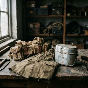 Original post-WWI era military gear, including a transitional tunic and mess kit on a rustic workbench.