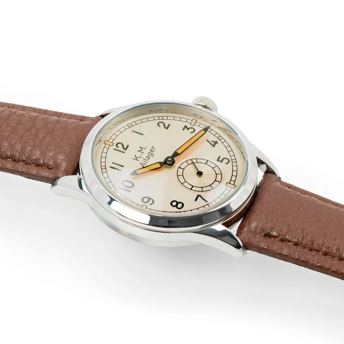 Angled side profile of Kriegsmarine service watch showing dial depth and bezel