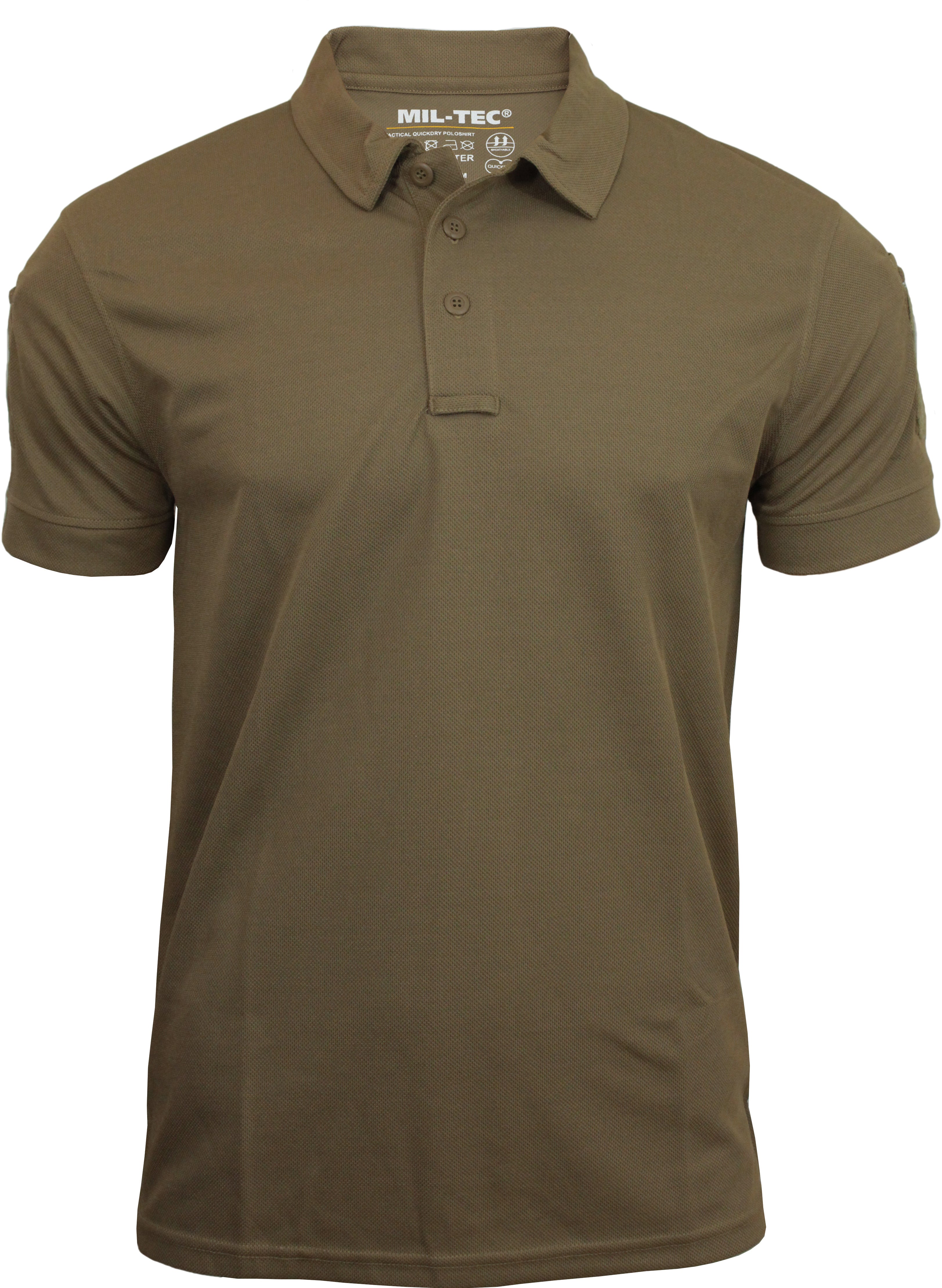 Close-up front view of the coyote tan Mil-Tec Tactical Quickdry Polo Shirt with sunglasses loop.