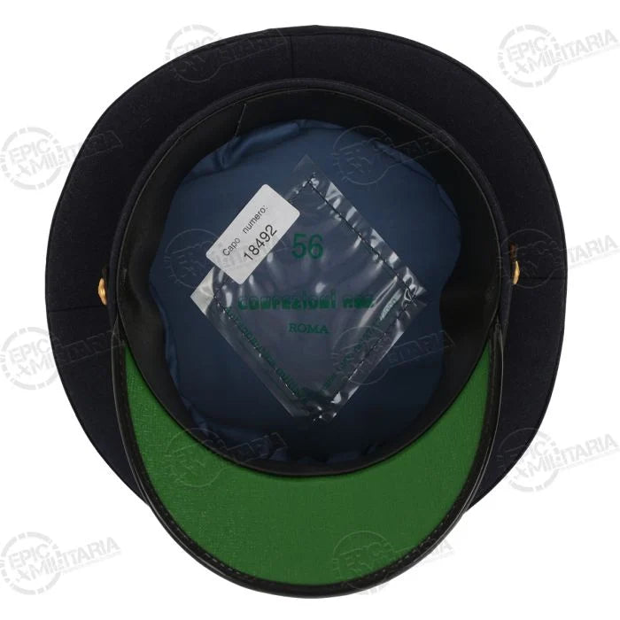 Interior view of Italian Air Force visor cap featuring blue satin lining and black leather sweatband