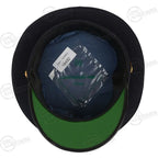 Interior view of Italian Air Force visor cap featuring blue satin lining and black leather sweatband