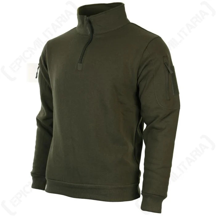 Front three-quarter view of Mil-Tec tactical pullover showing arm pocket and patch loop field