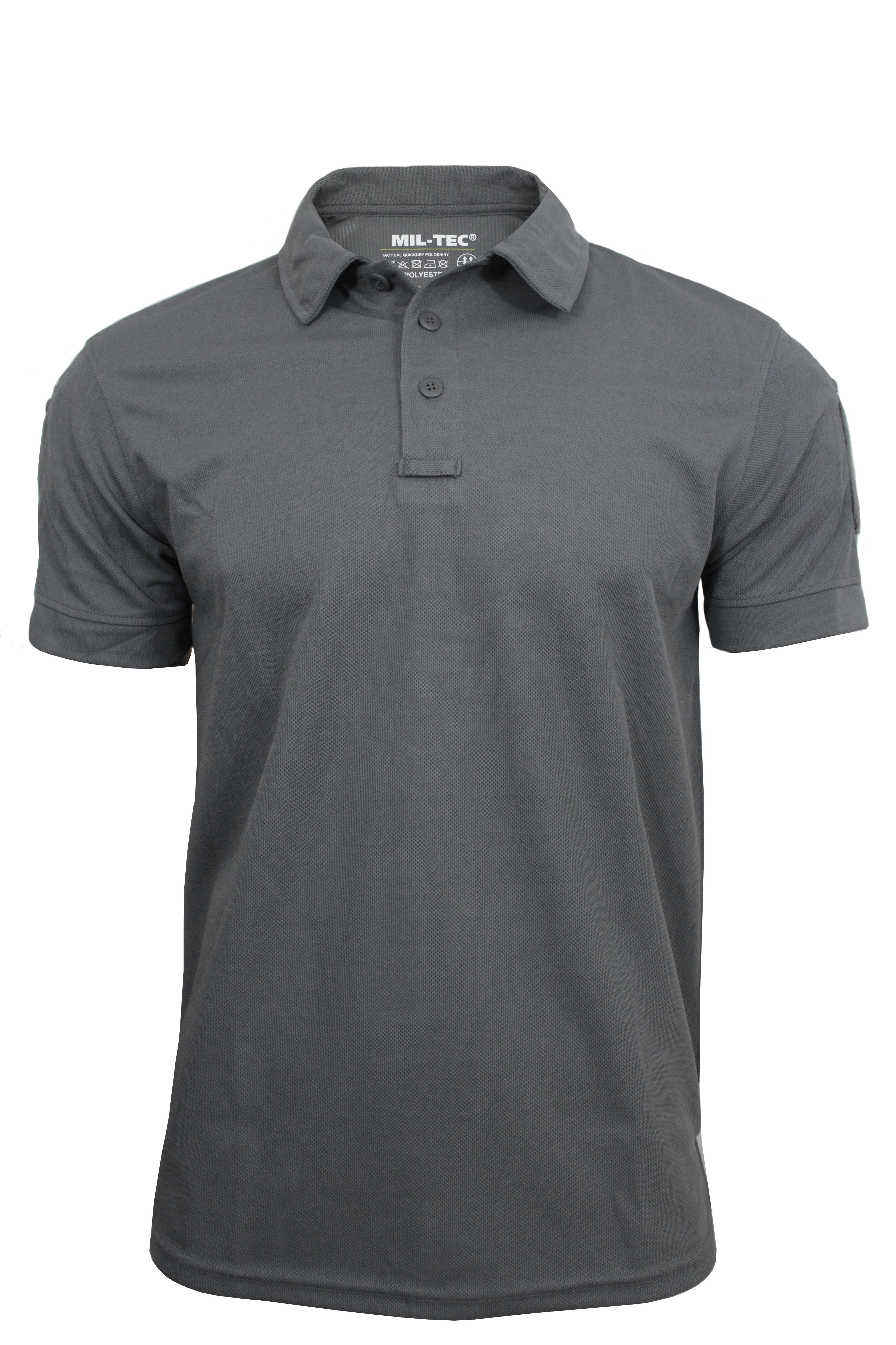Front view of the dark grey tactical polo shirt featuring breathable, quick-drying polyester material.