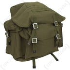 Front view of olive green Bundeswehr canvas rucksack with front pocket and side pouches