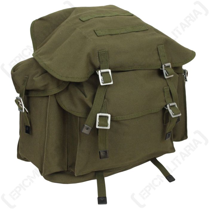 Front view of olive green Bundeswehr canvas rucksack with front pocket and side pouches
