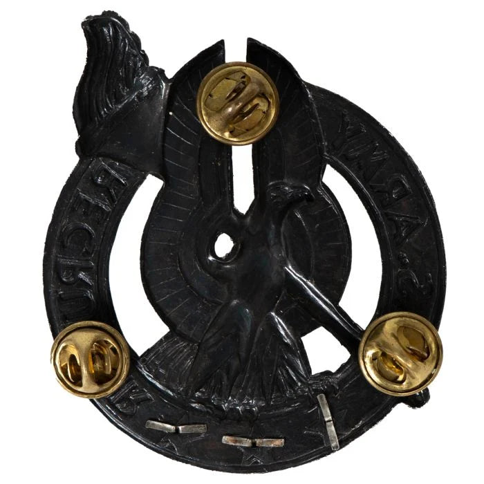 Rear view of US Army Recruiter Badge showing black protective coating and three brass pin clutches