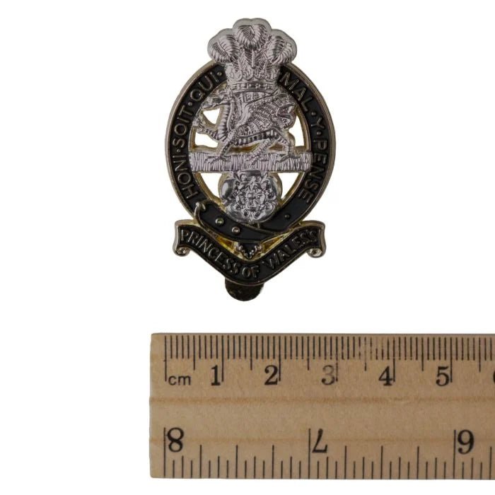 PWRR cap badge measured against a centimetre ruler showing dimensions of approximately 6cm by 4cm