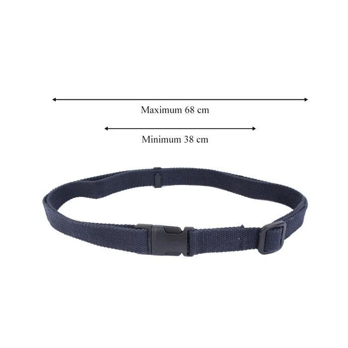 Diagram showing adjustable length dimensions of Dutch Army equipment strap from 38cm to 68cm