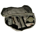 Overhead view inside the Greek M56 canvas field pack showing various webbing components packed inside