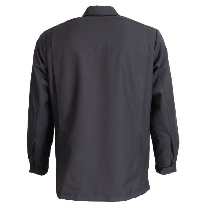 Back view of dark blue German military fire service work jacket showing plain back and shoulder seams