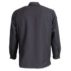 Back view of dark blue German military fire service work jacket showing plain back and shoulder seams