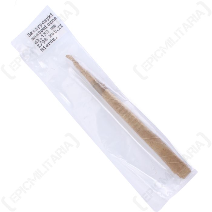 Original wrapped packaging of Polish Army 130mm anatomical tweezers with issue label