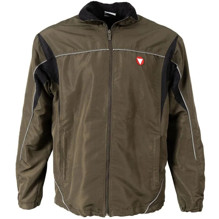 Front view of the Original Austrian Army Sports Top in olive green and black, showing the Austrian Bundesheer circular chest insignia.