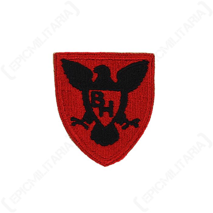 Front view of original US 86th Infantry Division embroidered patch with black hawk on red shield