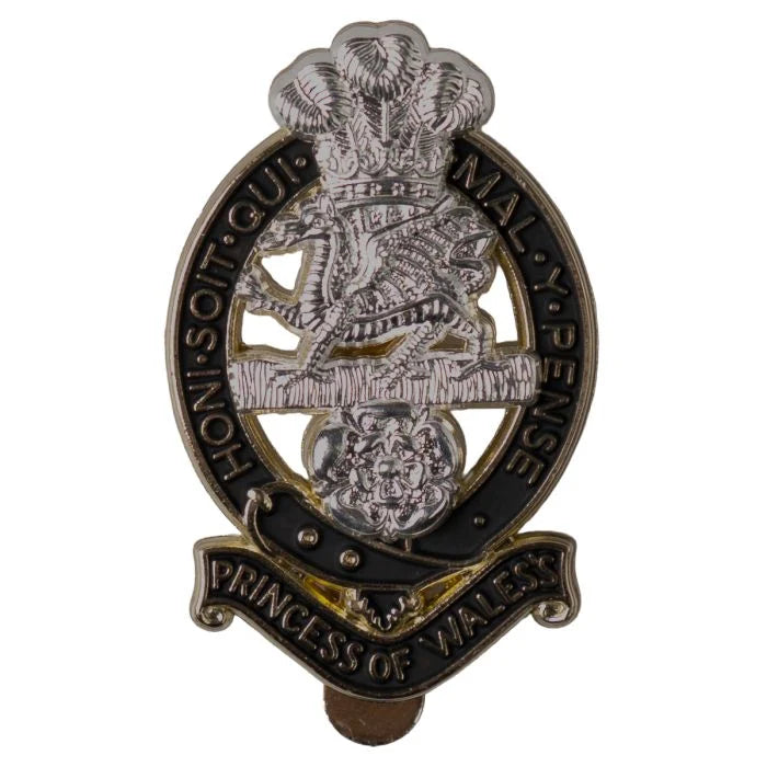 Front view of the Princess of Wales's Royal Regiment bi-metal cap badge showing the Elizabethan dragon and enamel detailing